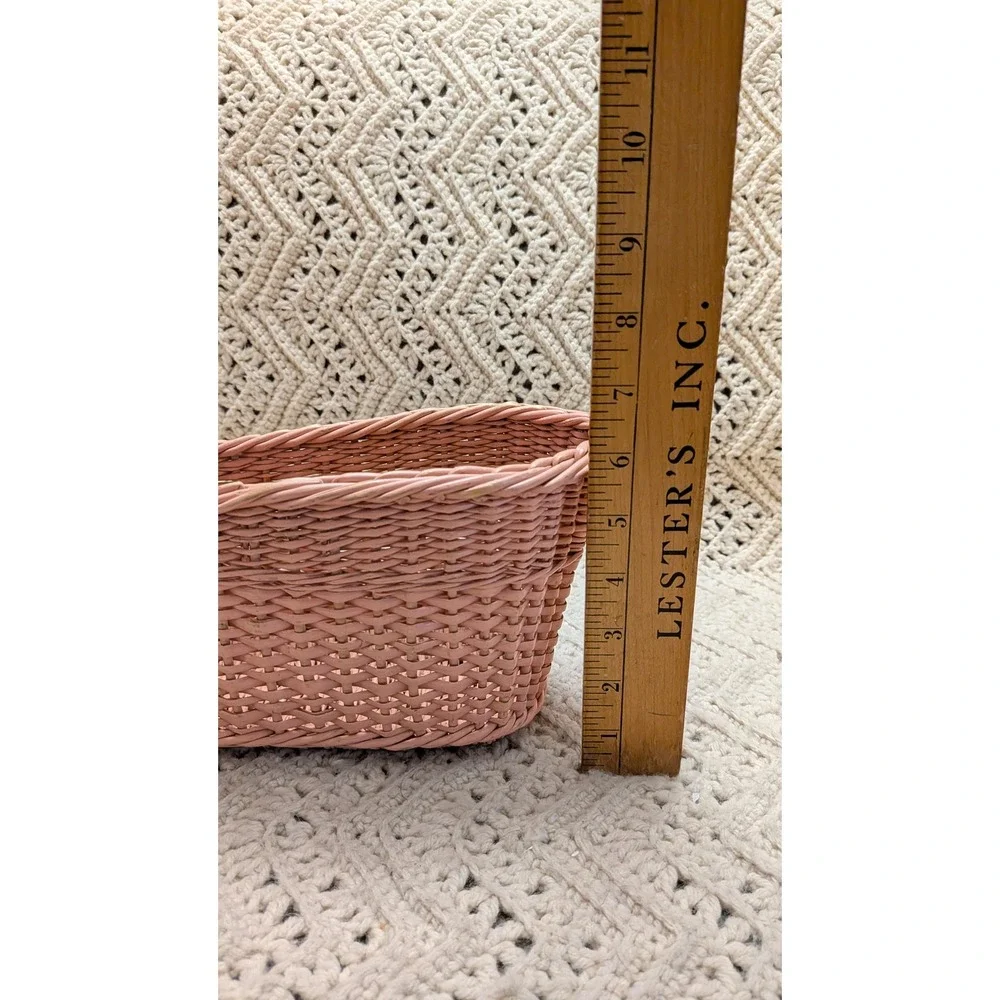 Vintage Pink Wicker Yarn Basket Scoop Shape Woven Storage with Handle